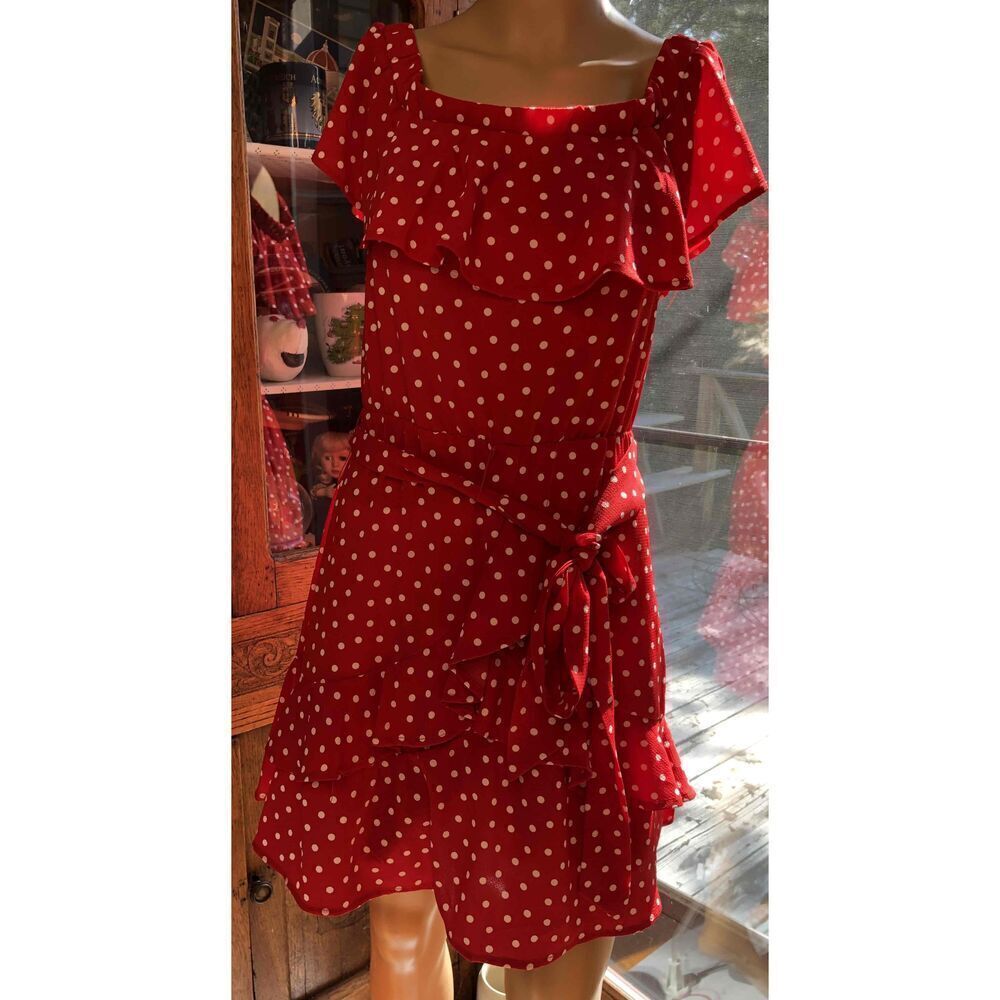 Speechless Red White Dot Off Shoulder Aline Dress Ruffle Belted Short Sleeve L